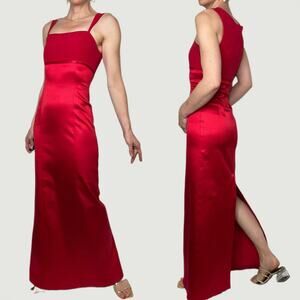 Vintage Cache red satin dress column cocktail maxi square neck sleeveless S